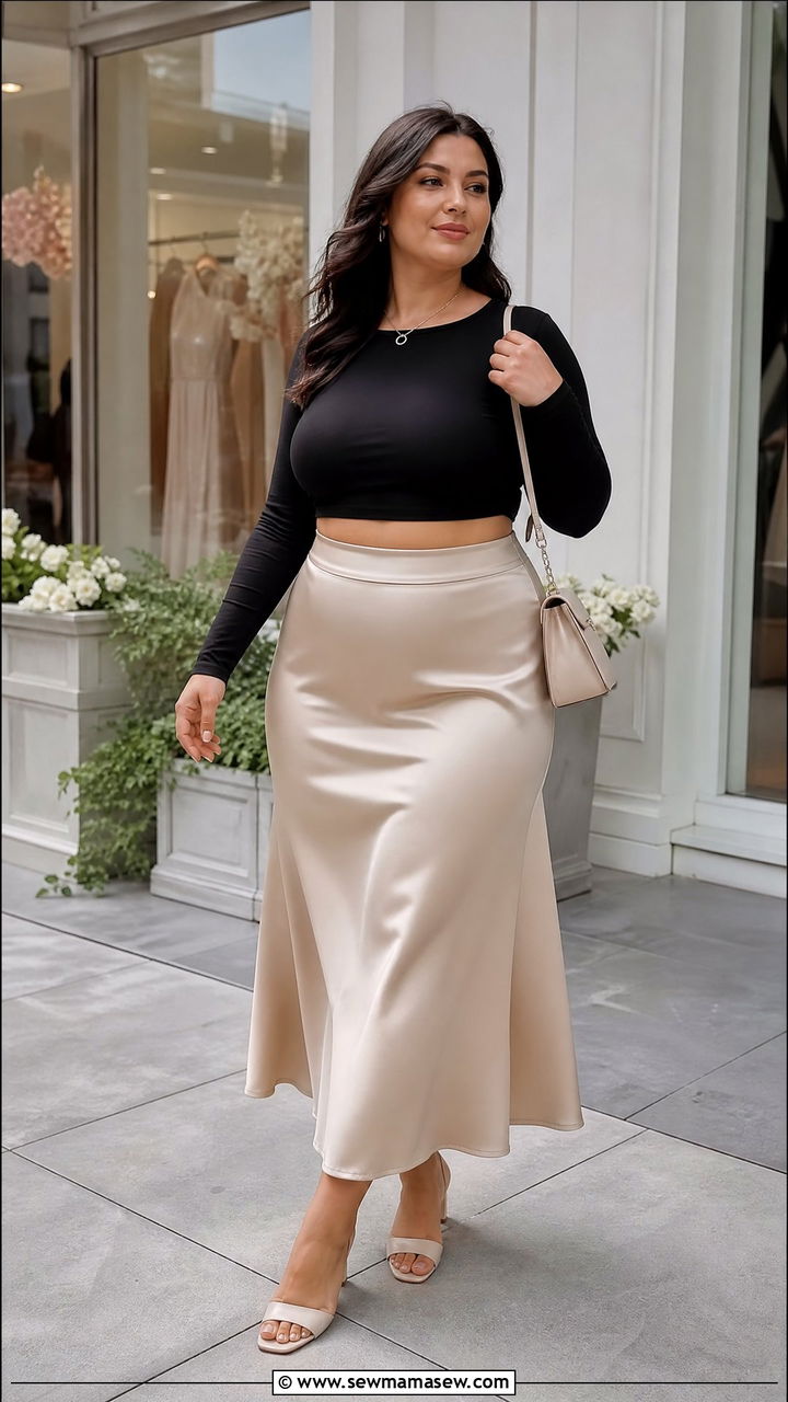 Plus Size Long Sleeve Crop Top With Midi Skirt - 20 plus size long sleeve crop top outfit ideas