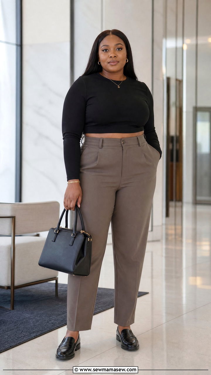 Plus Size Long Sleeve Crop Top With Tailored Trousers - 20 plus size long sleeve crop top outfit ideas