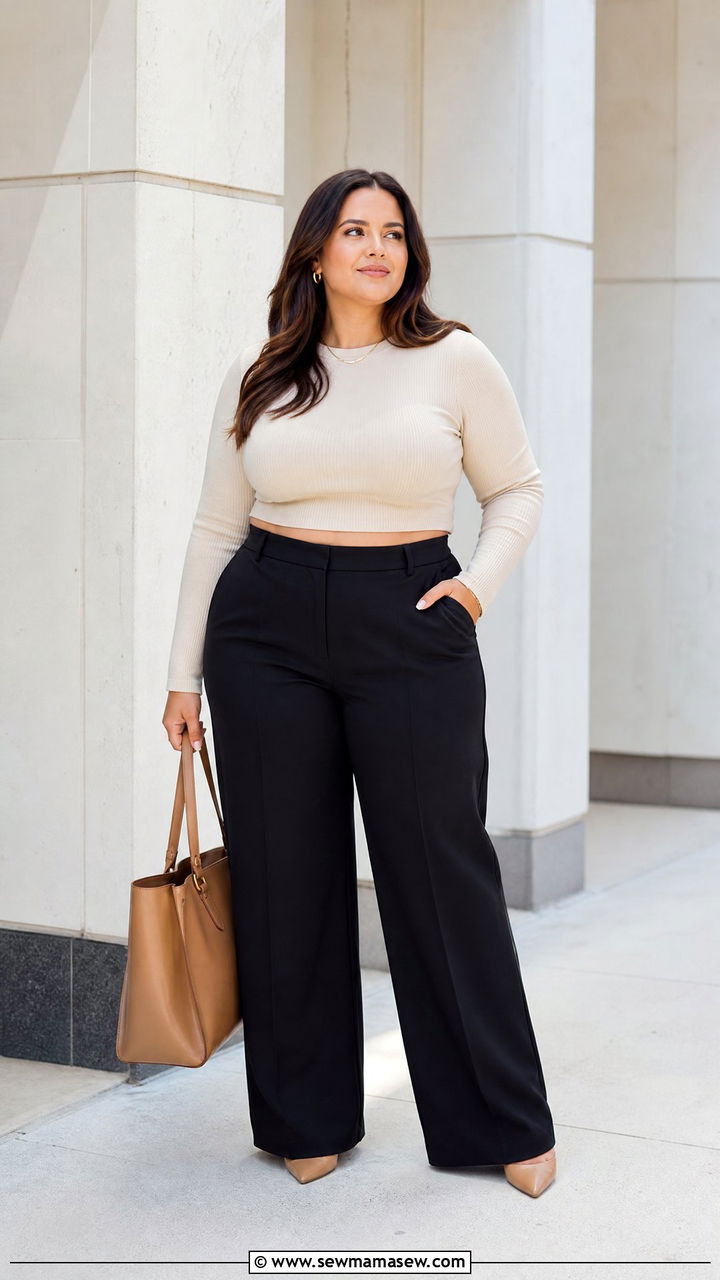 Plus Size Long Sleeve Crop Top With Wide Leg Pants - 20 plus size long sleeve crop top outfit ideas