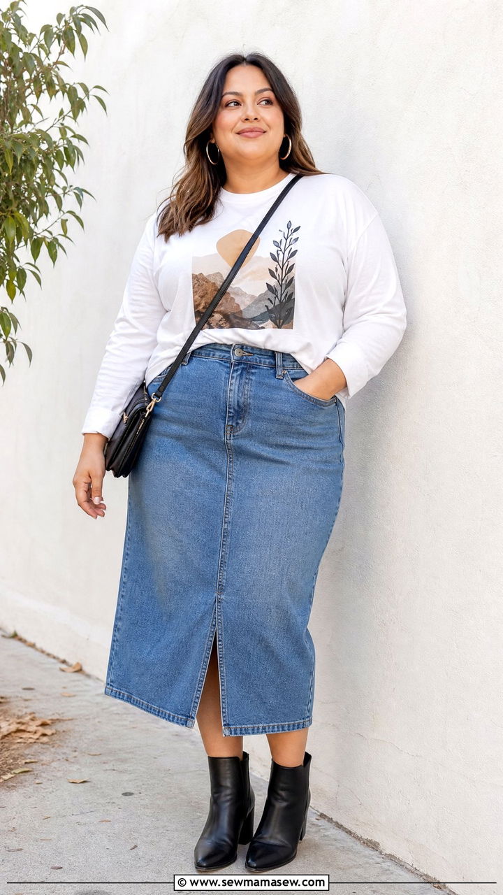 Plus Size Long Sleeve Graphic Tee With Denim Skirt - 20 plus size long sleeve top outfit ideas