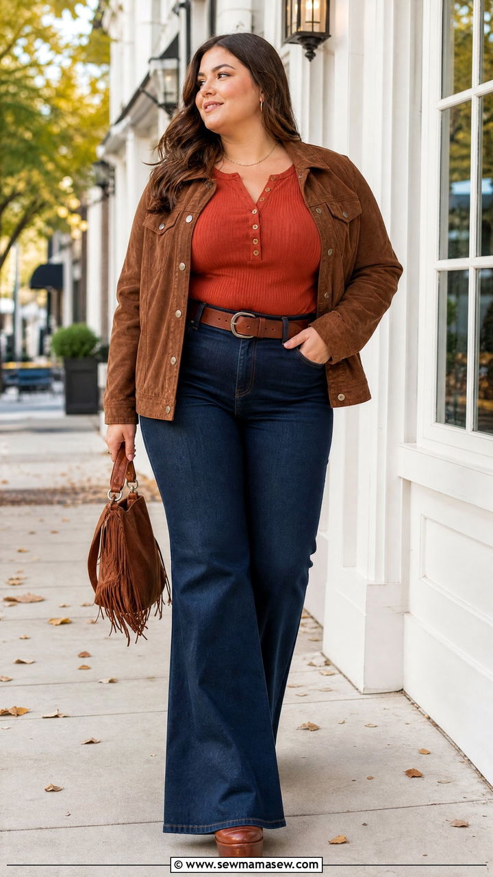 Plus Size Long Sleeve Henley With Flare Jeans - 20 plus size long sleeve top outfit ideas