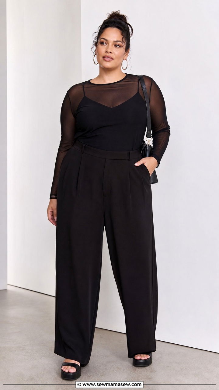 Plus Size Long Sleeve Mesh Top With Wide Leg Pants - 20 plus size long sleeve top outfit ideas