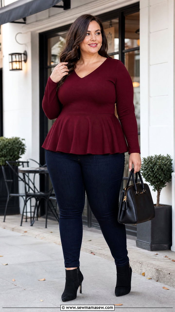 Plus Size Long Sleeve Peplum Top With Skinny Jeans - 20 plus size long sleeve top outfit ideas