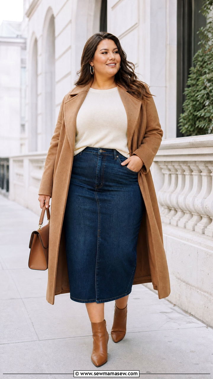 Plus Size Long Sleeve Sweater With Midi Skirt - 20 plus size long sleeve top outfit ideas