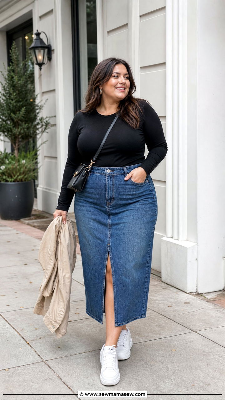 Plus Size Long Sleeve Tee With Denim Skirt - 20 plus size off duty top outfit ideas