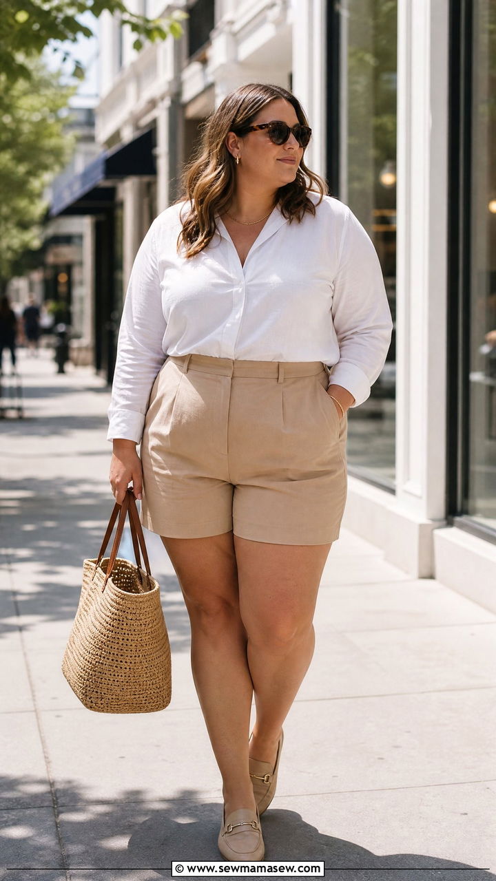 Plus Size Long Sleeve Top With Tailored Shorts - 20 plus size long sleeve top outfit ideas