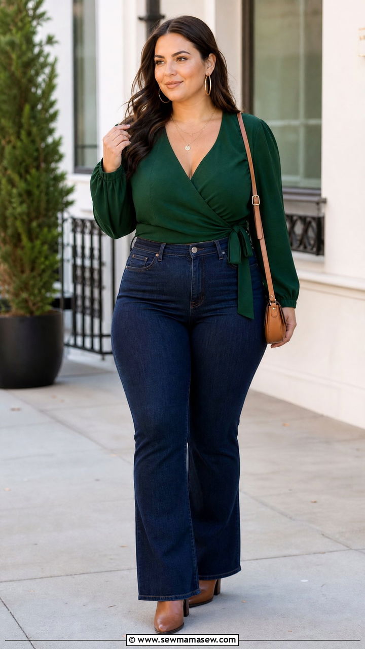 Plus Size Long Sleeve Wrap Top With Jeans - 20 plus size long sleeve top outfit ideas