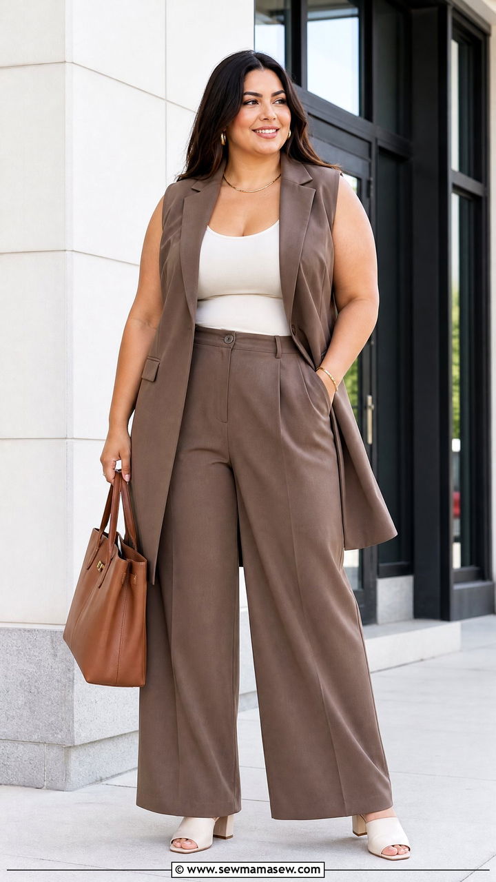Plus Size Long Vest With Wide Leg Trousers Outfit - 20 plus size outfits for broad shoulders
