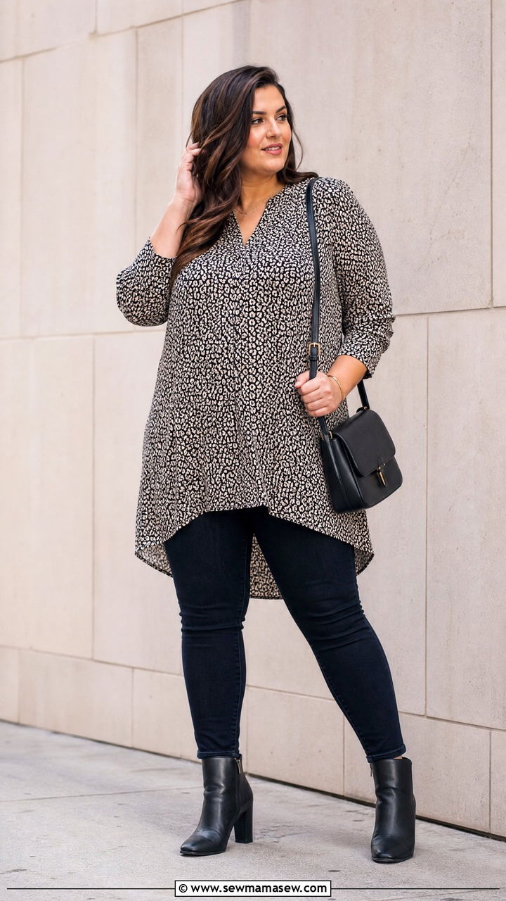 Plus Size Longline Blouse With Skinny Jeans - 20 plus size tops to hide belly outfit ideas