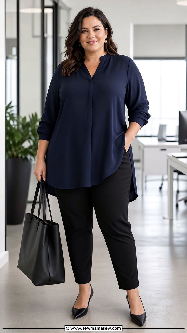 Plus Size Longline Blouse With Work Pants - 20 plus size longline top outfit ideas