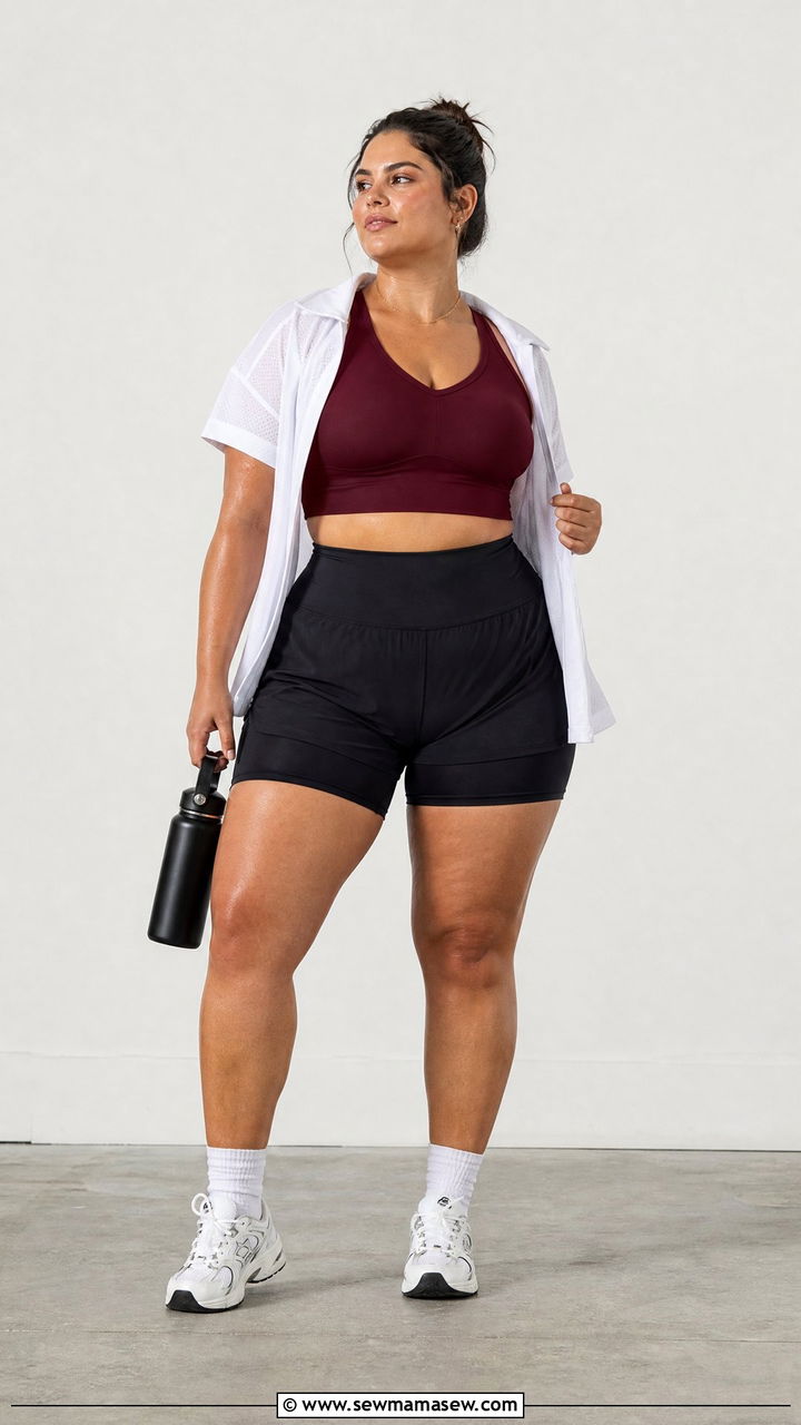 Plus Size Longline Bra And High Waist Shorts Outfit - 20 plus size gym outfit ideas