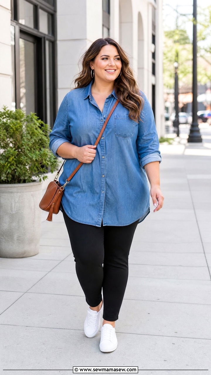 Plus Size Longline Denim Shirt With Black Pants - 20 plus size longline top outfit ideas