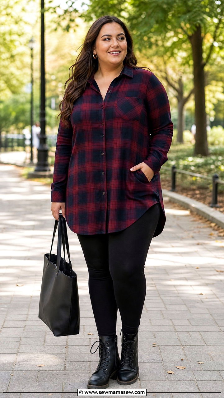 Plus Size Longline Flannel Shirt With Leggings - 20 plus size longline top outfit ideas