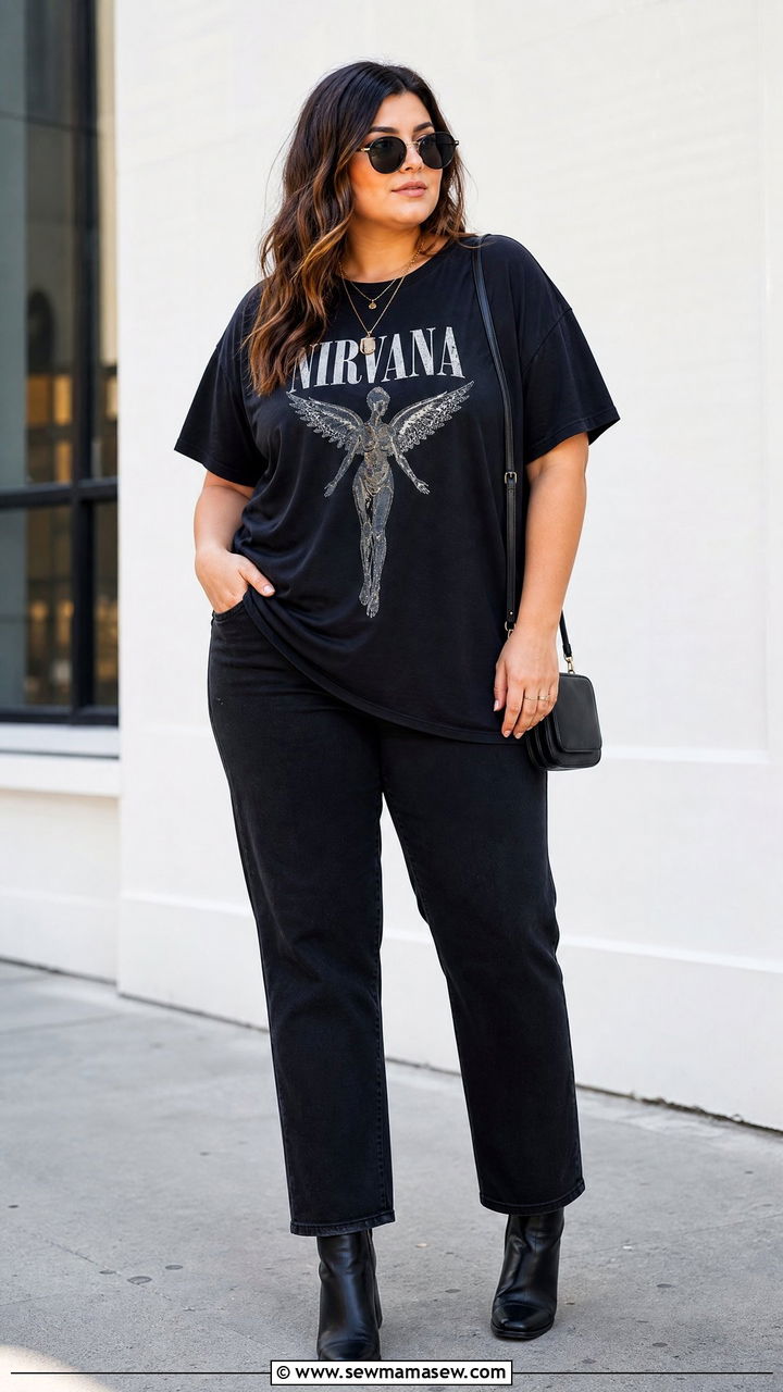 Plus Size Longline Graphic Tee With Black Jeans - 20 plus size longline top outfit ideas