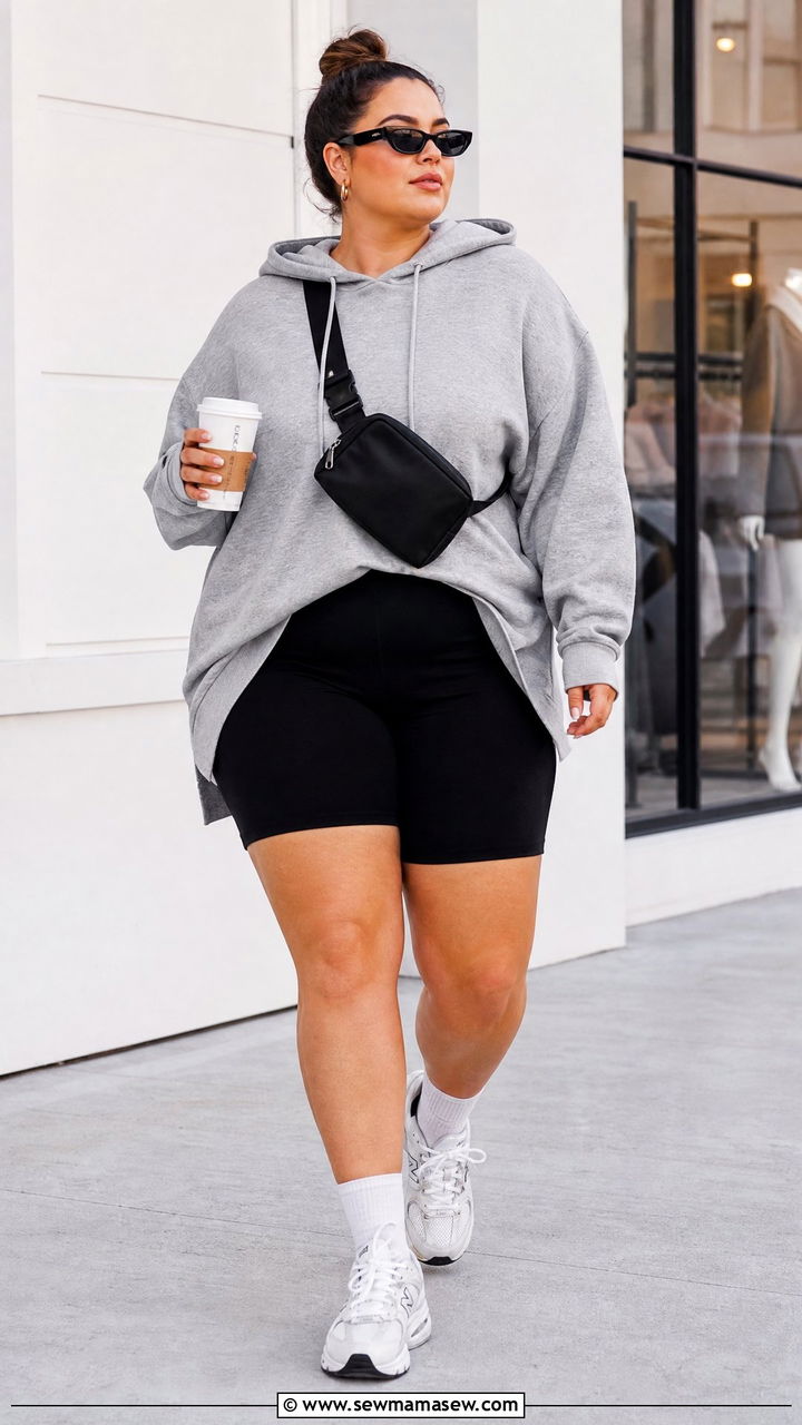 Plus Size Longline Hoodie With Bike Shorts - 20 plus size longline top outfit ideas