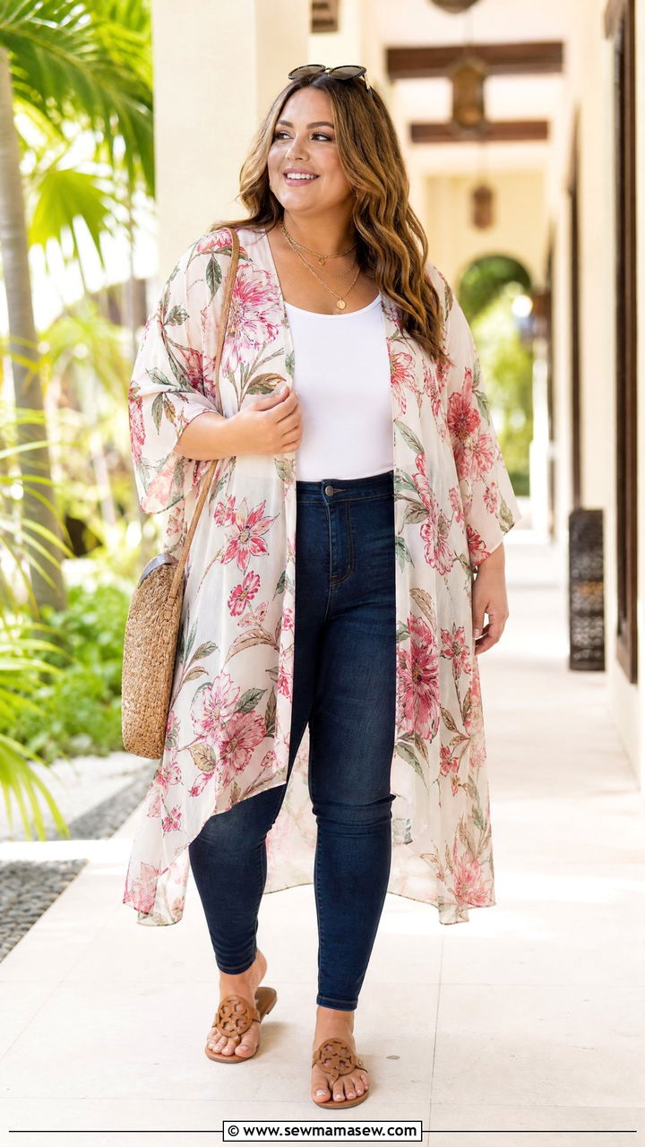 Plus Size Longline Kimono Top With Jeans - 20 plus size longline top outfit ideas