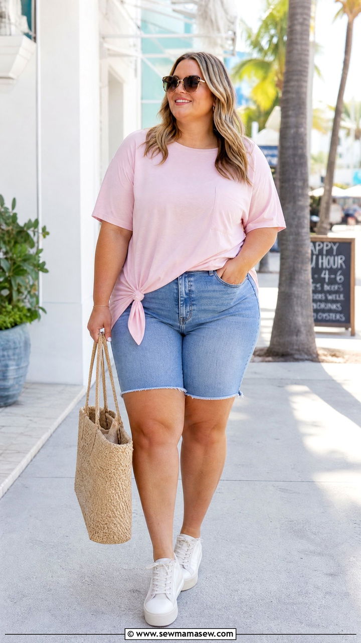 Plus Size Longline T Shirt With Denim Shorts - 20 plus size longline t shirt outfit ideas