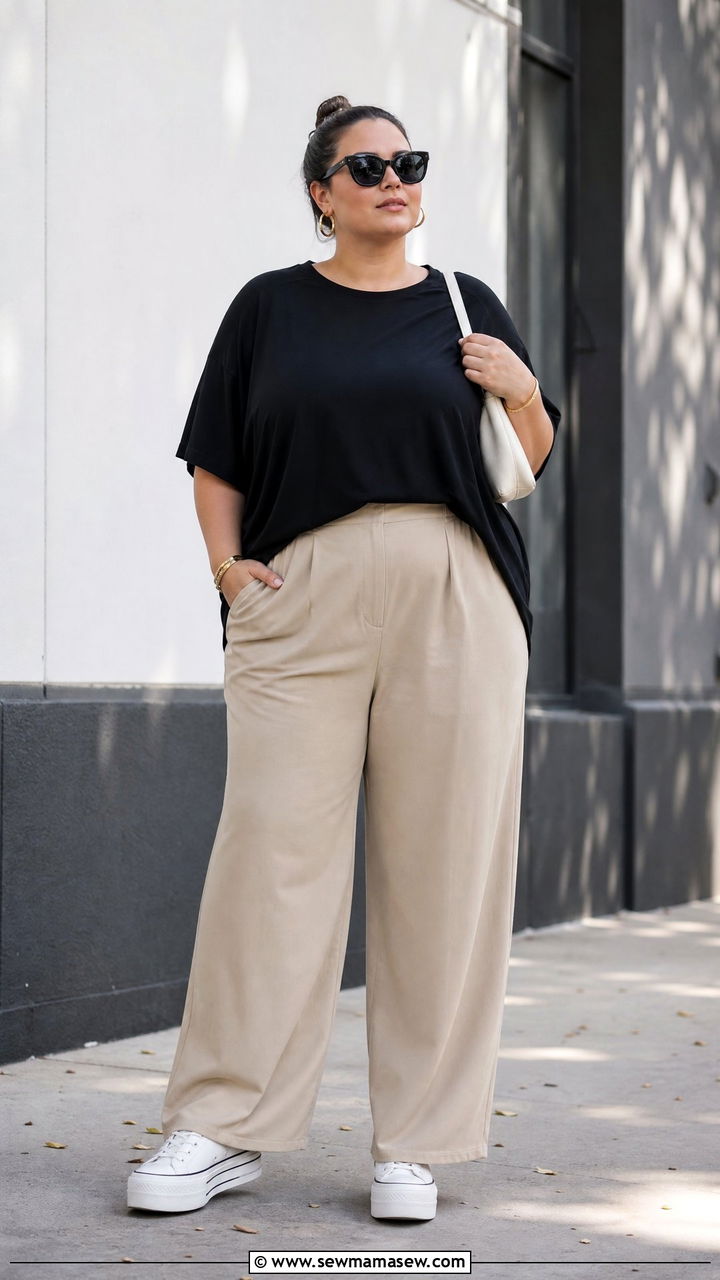 Plus Size Longline T Shirt With Wide Leg Pants - 20 plus size longline top outfit ideas