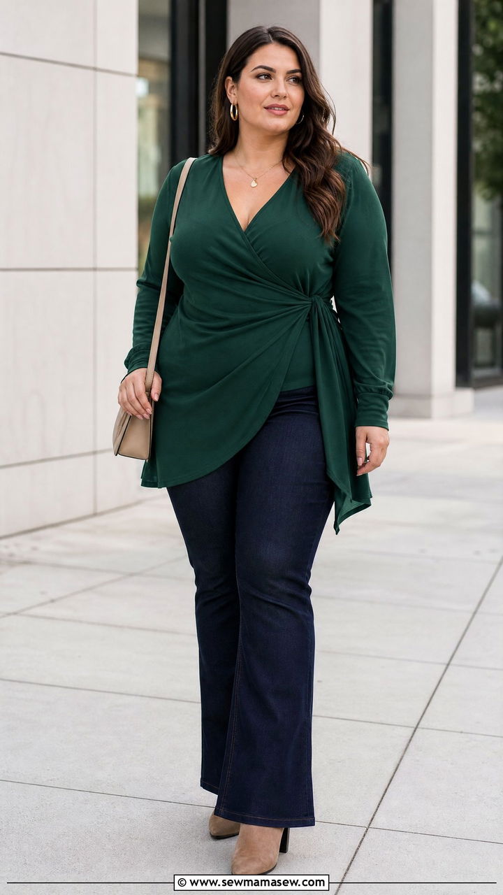 Plus Size Longline Wrap Top With Bootcut Jeans - 20 plus size longline top outfit ideas