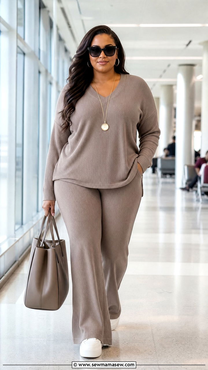 Plus Size Matching Set With Flared Pants Outfit - 20 plus size outfits for broad shoulders