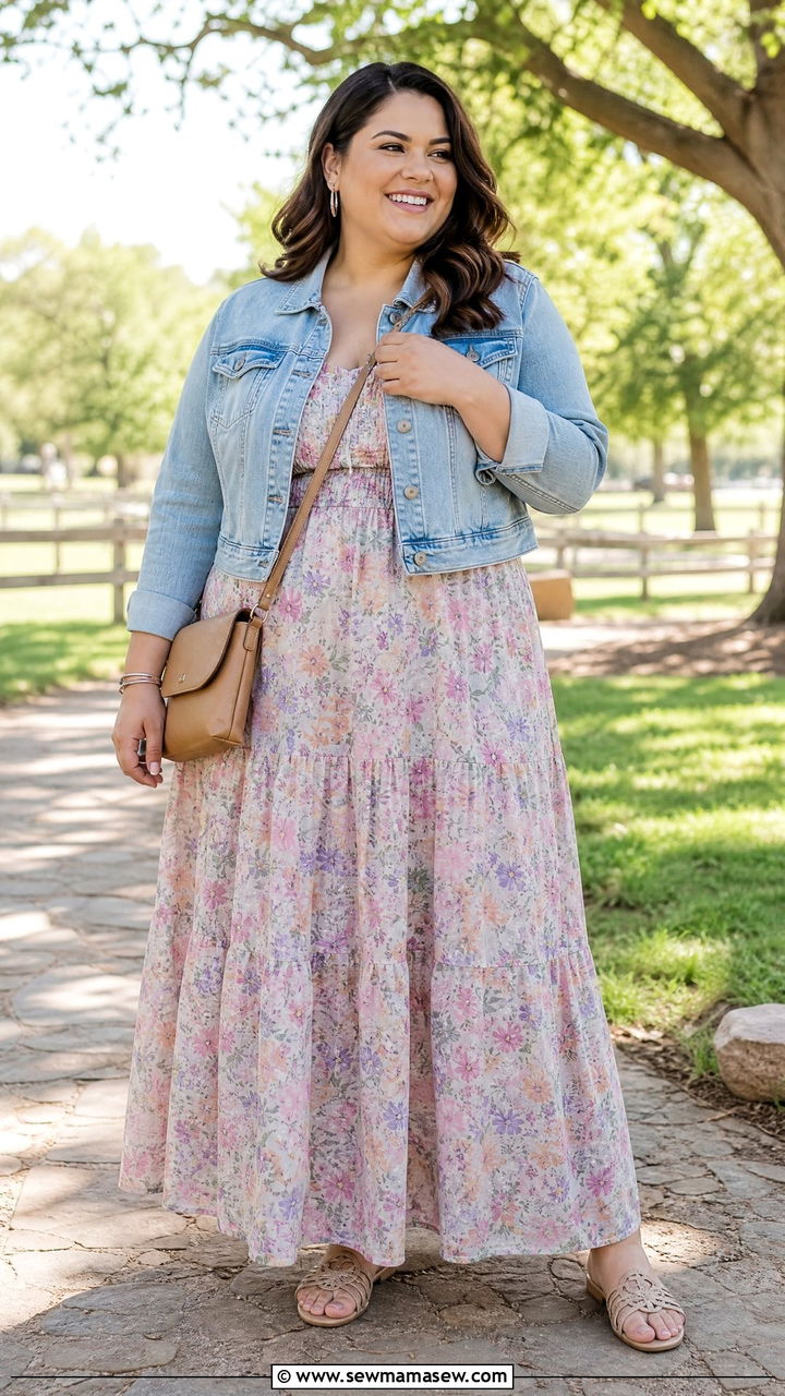 Plus Size Maxi Dress And Denim Jacket Outfit - 20 plus size easter outfit ideas