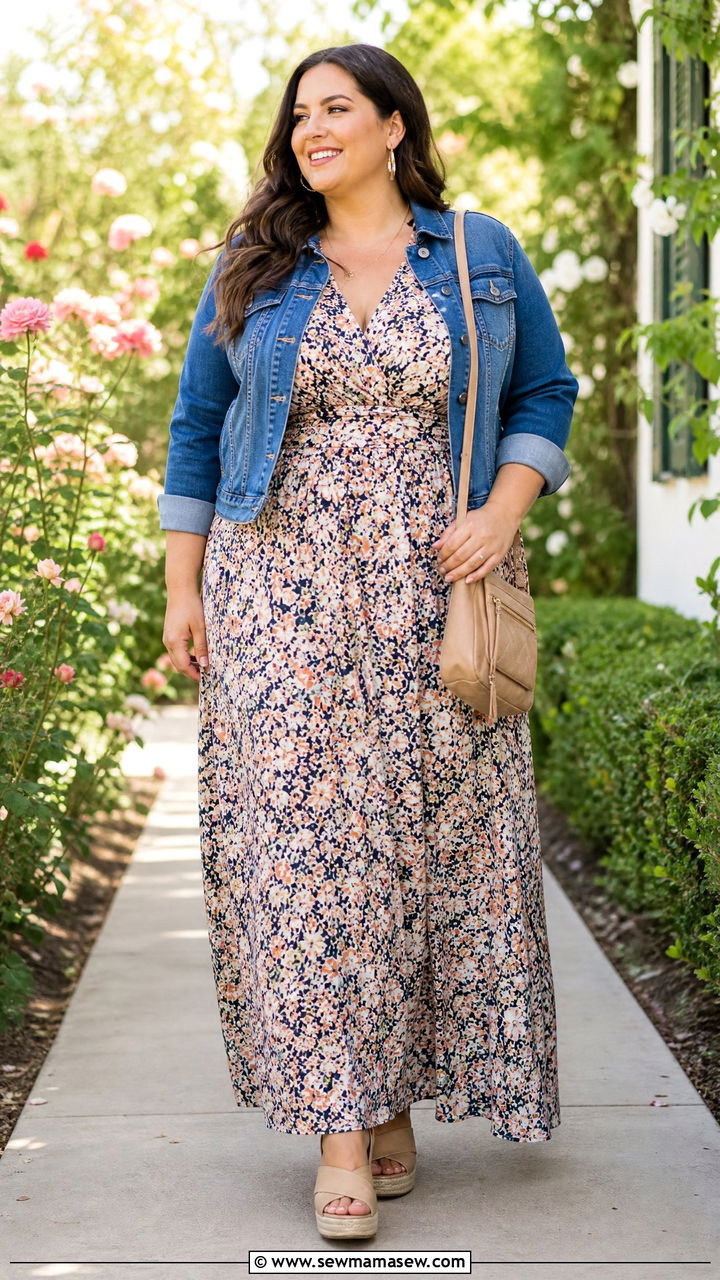 Plus Size Maxi Dress And Denim Jacket Outfit - 20 plus size outfits to look slimmer