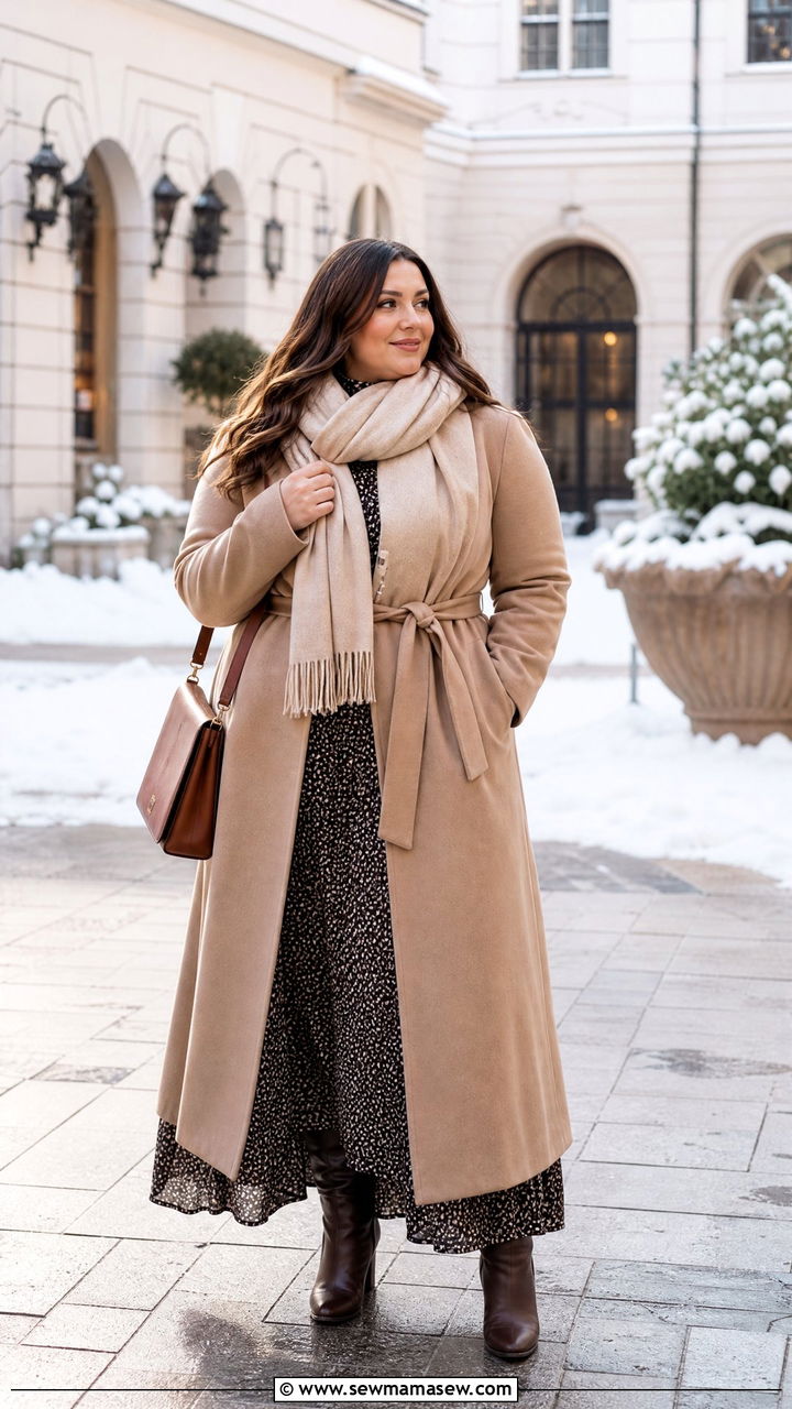 Plus Size Maxi Dress With Boots And Belted Coat - 20 plus size winter outfit ideas with boots