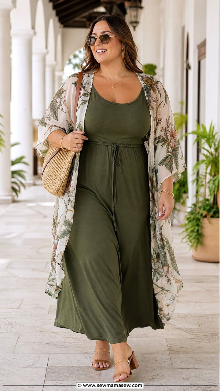 Plus Size Maxi Dress With Kimono - 20 plus size summer outfit ideas with kimono