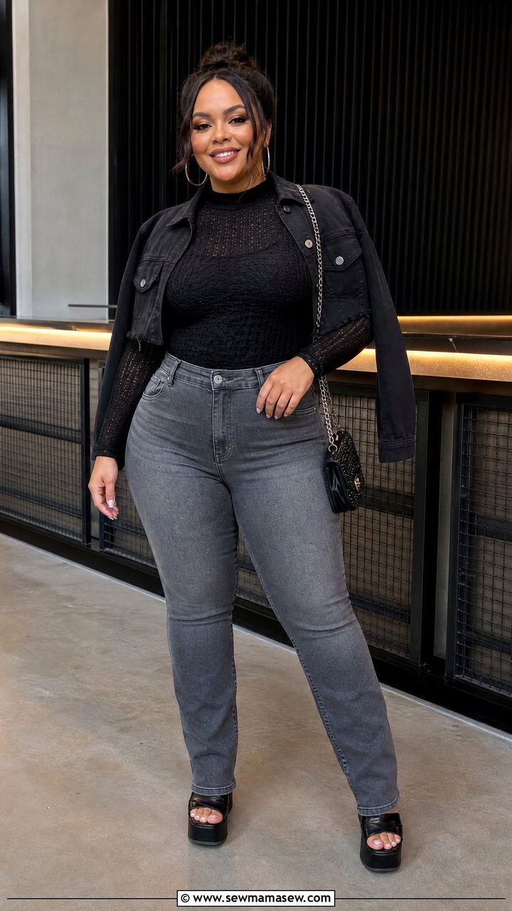 Plus Size Mesh Cami Top With High Waist Jeans - 20 plus size going out cami top outfit ideas