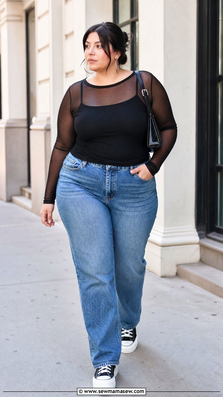 Plus Size Mesh Layer Top With Jeans - 20 plus size off duty top outfit ideas
