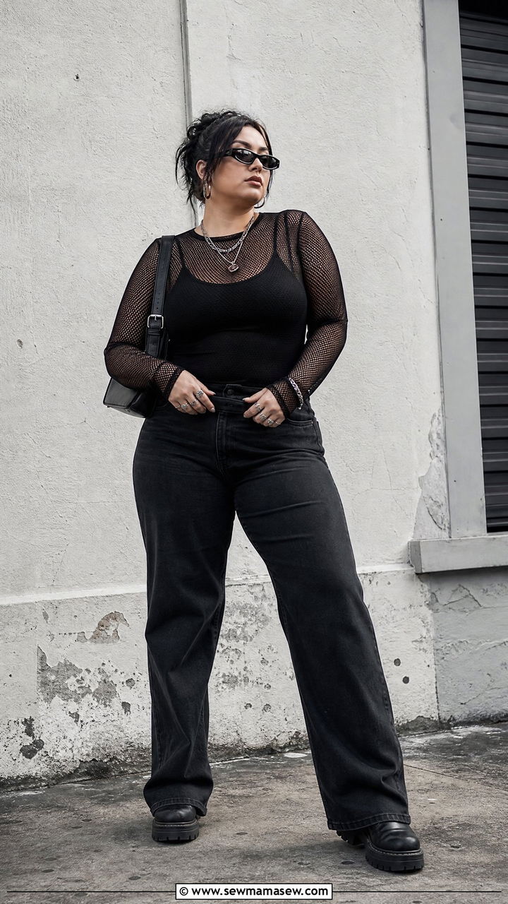Plus Size Mesh Long Sleeve Top Outfit - 20 plus size streetwear top outfit ideas
