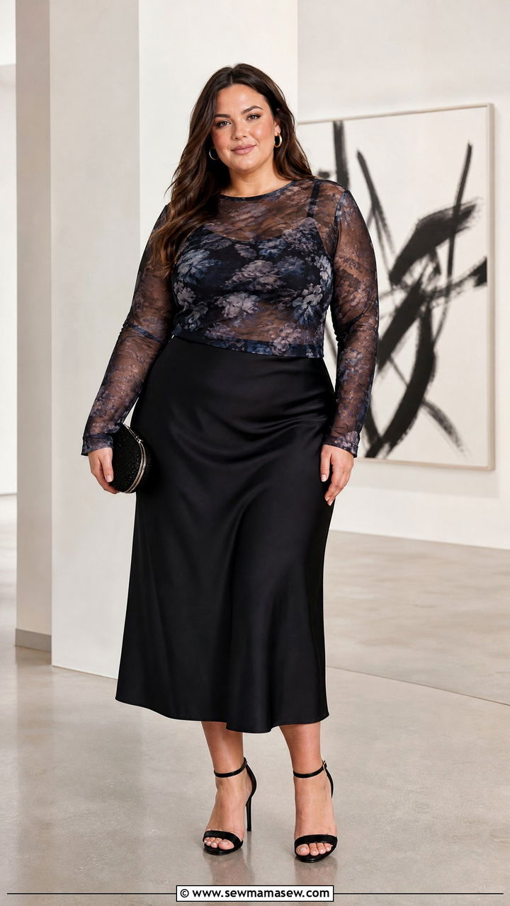 Plus Size Mesh Party Top With A Midi Skirt - 20 plus size party top outfit ideas