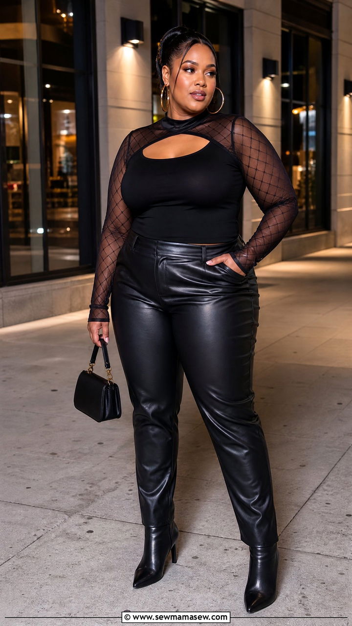Plus Size Mesh Sleeve Top With Faux Leather Pants - 20 plus size date night top outfit ideas
