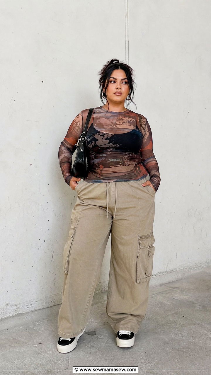 Plus Size Mesh Top And Cargo Pants Outfit - 20 plus size y2k top outfit ideas