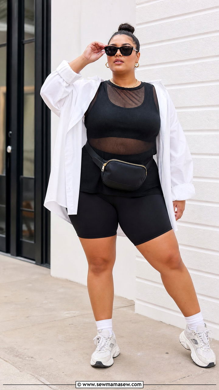 Plus Size Mesh Top With Bike Shorts And Oversized Shirt - 20 plus size mesh top outfit ideas