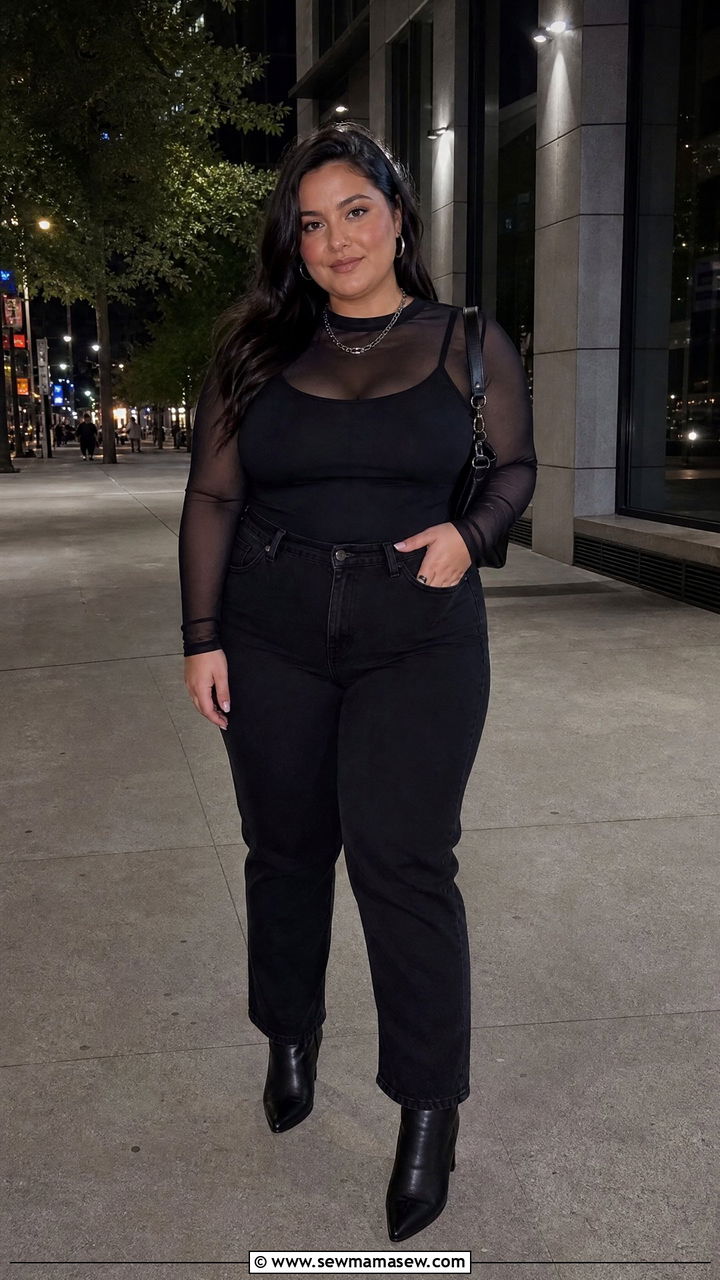 Plus Size Mesh Top With Black Jeans Outfit - 20 plus size going out top outfit ideas