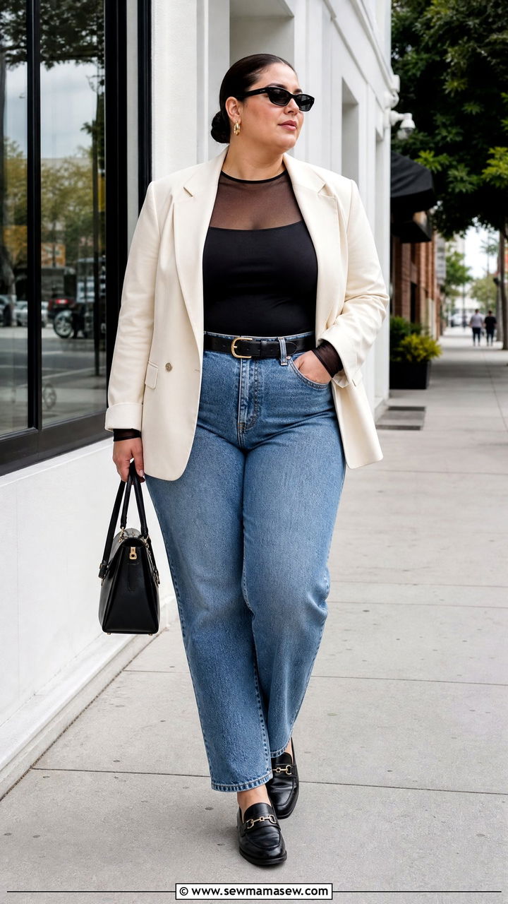 Plus Size Mesh Top With Blazer And Jeans - 20 plus size mesh top outfit ideas