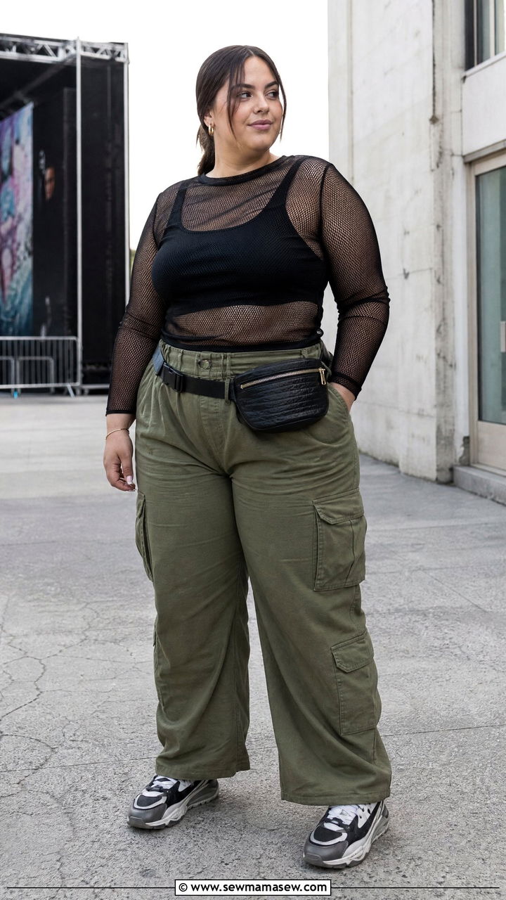 Plus Size Mesh Top With Cargo Pants Outfit - 20 plus size cute summer tops outfit ideas
