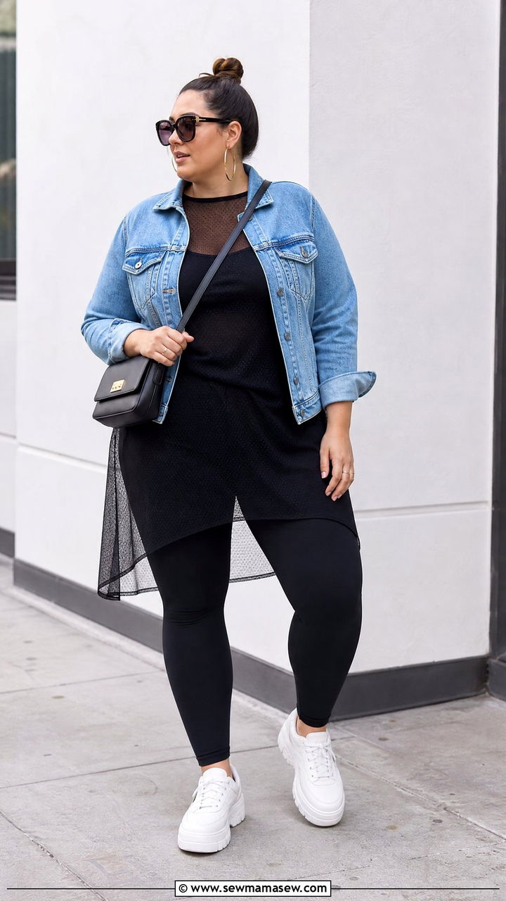 Plus Size Mesh Top With Denim Jacket And Leggings - 20 plus size mesh top outfit ideas