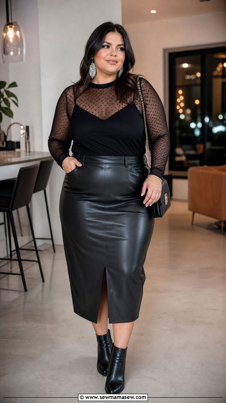 Plus Size Mesh Top With Faux Leather Skirt - 20 plus size new years eve top outfit ideas