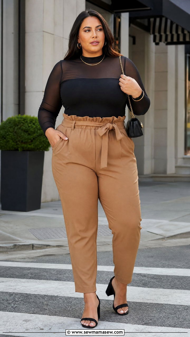 Plus Size Mesh Top With Paperbag Waist Pants - 20 plus size mesh top outfit ideas