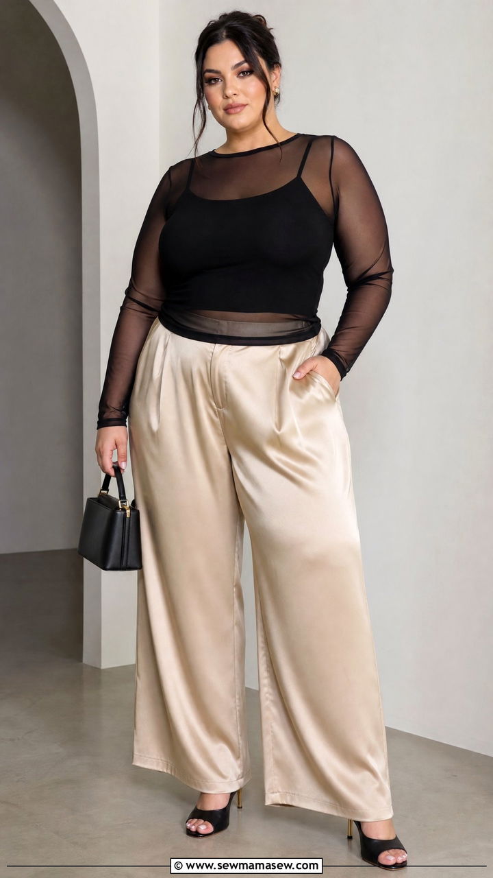 Plus Size Mesh Top With Satin Pants - 20 plus size mesh top outfit ideas