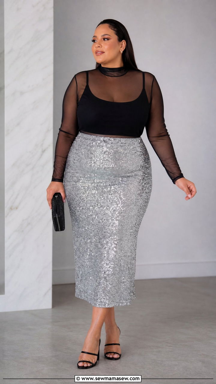 Plus Size Mesh Top With Sequin Skirt - 20 plus size mesh top outfit ideas