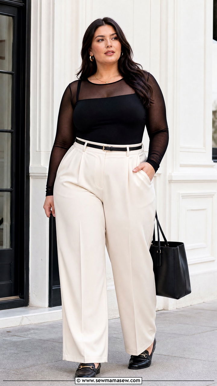 Plus Size Mesh Top With Tailored Trousers - 20 plus size mesh top outfit ideas