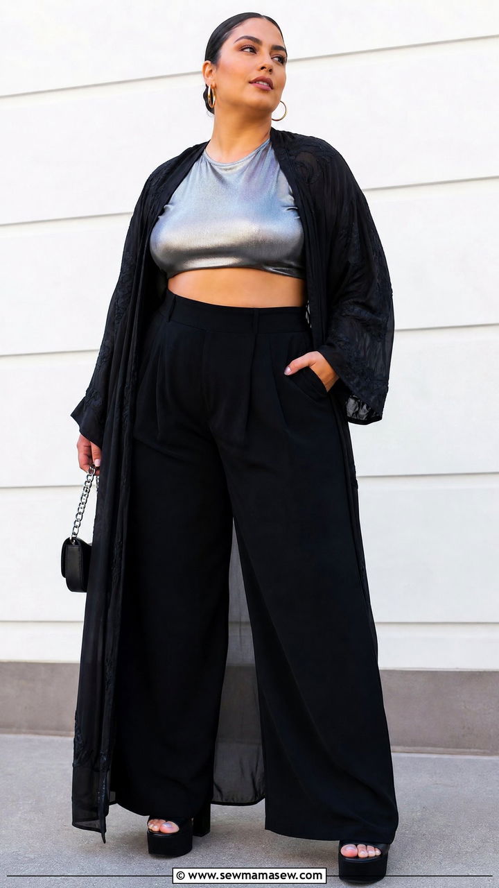 Plus Size Metallic Crop Top With High Waisted Pants - 20 plus size metallic top outfit ideas