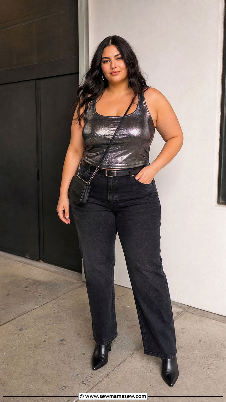 Plus Size Metallic Party Top With Straight Leg Jeans - 20 plus size party top outfit ideas