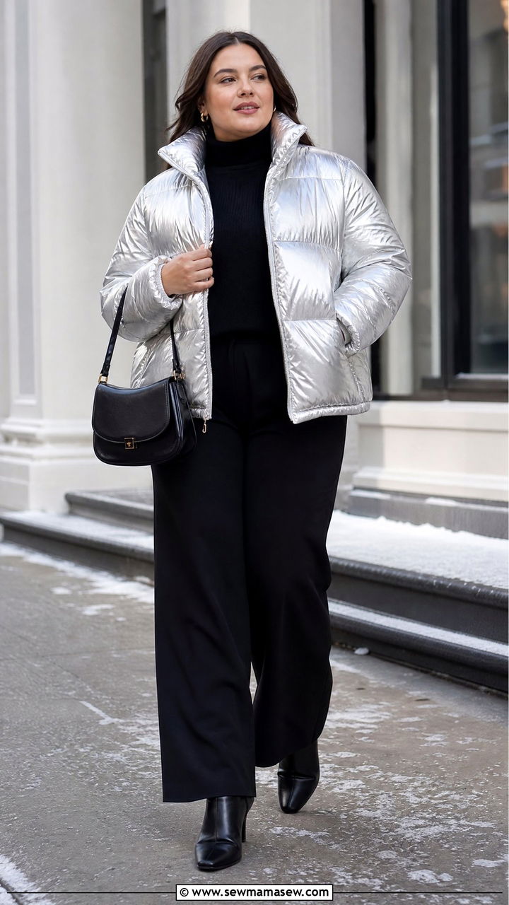 Plus Size Metallic Puffer Jacket With Black Outfit - 20 plus size puffer jacket outfit ideas