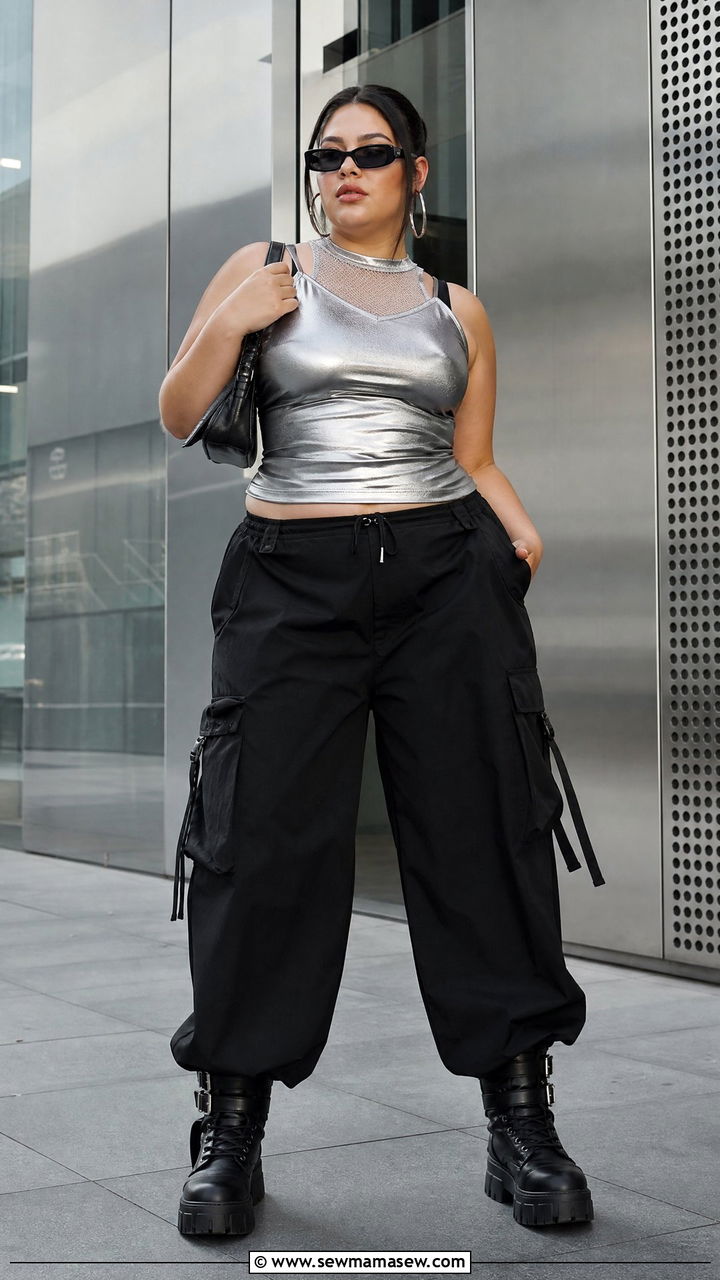 Plus Size Metallic Top And Black Cargo Pants Outfit - 20 plus size y2k top outfit ideas