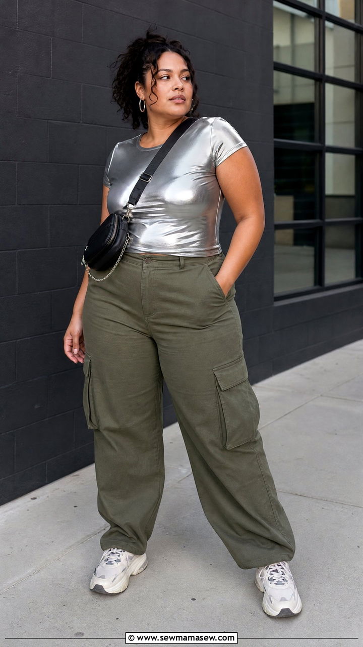 Plus Size Metallic Top With Cargo Pants - 20 plus size metallic top outfit ideas