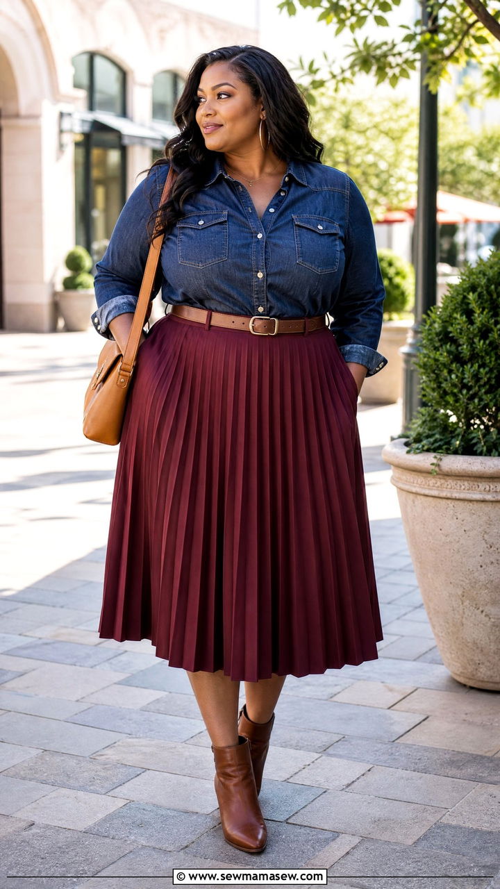 Plus Size Midi Skirt And Denim Shirt Outfit - 20 plus size transitional fall outfits